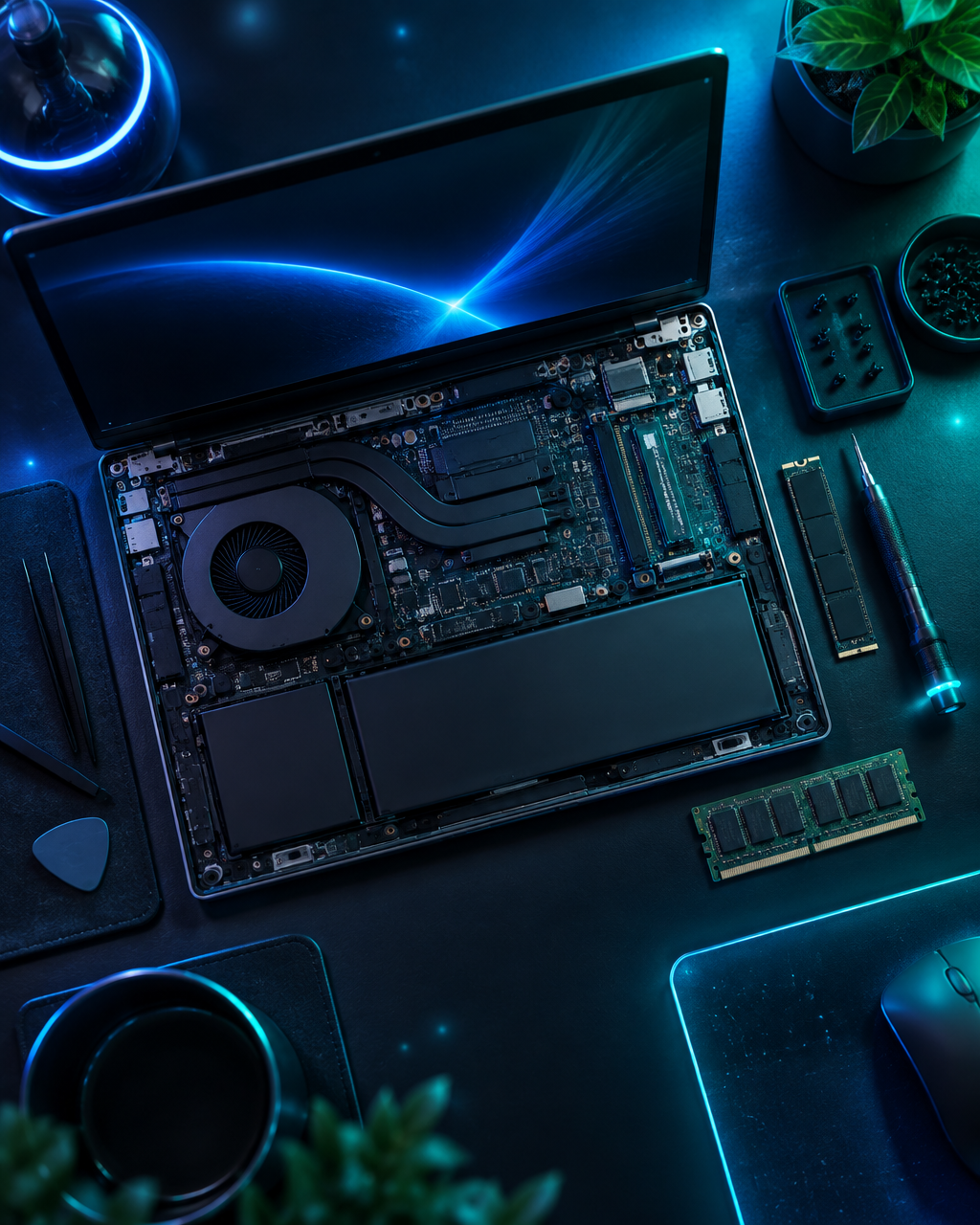 Notebook aberto em manutenção com componentes iluminados em azul e turquesa
